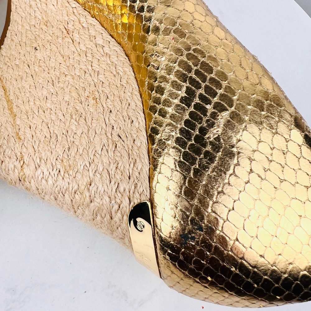 MICHAEL KORS Gold Leather Espadrille Wedge Slip On Peep Toes Pumps Shoes - Picture 10 of 11